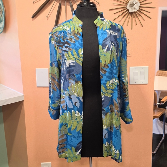 Vintage WinterSilks Medium Silk Floral Kimono Blue Open Front Cardigan Top - Picture 1 of 12